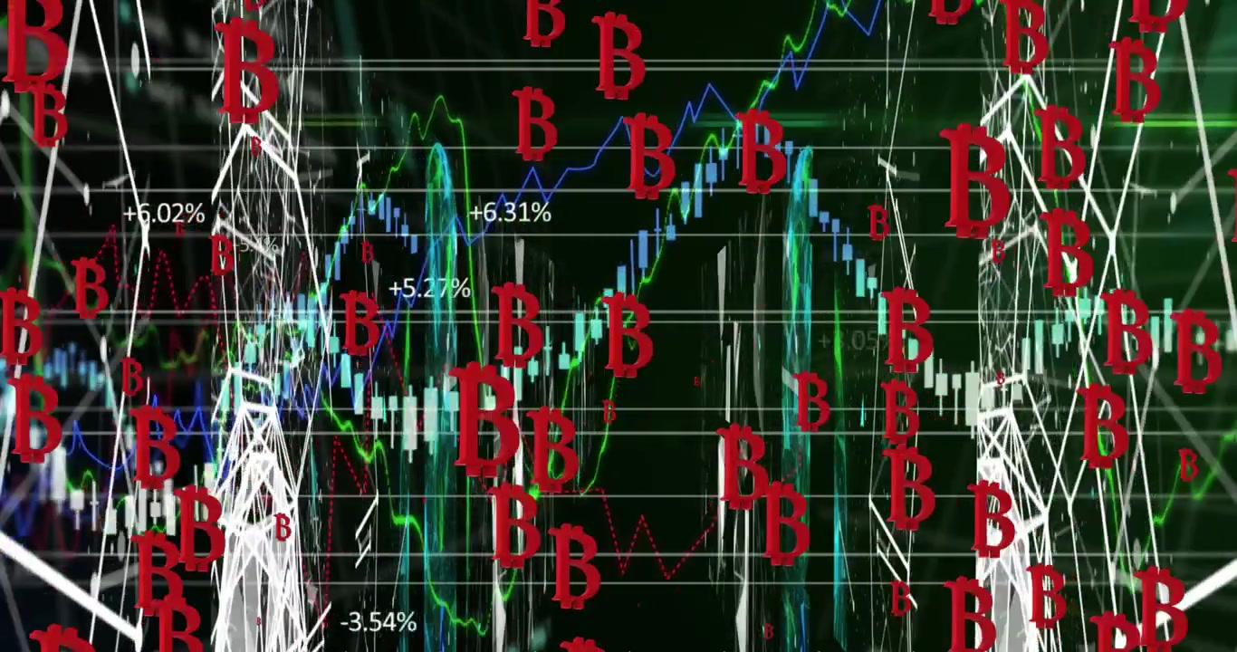 Animation of bitcoin symbols over data processing on black background