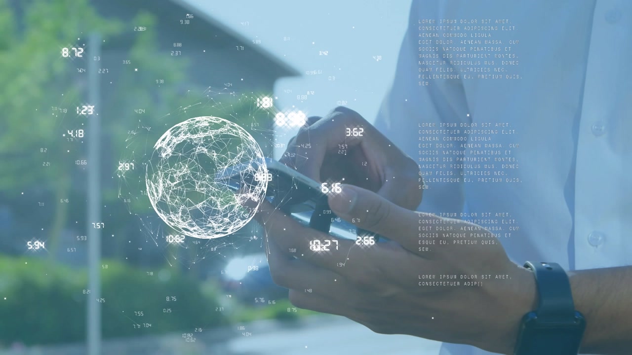 Animation of data processing over man using smartphone