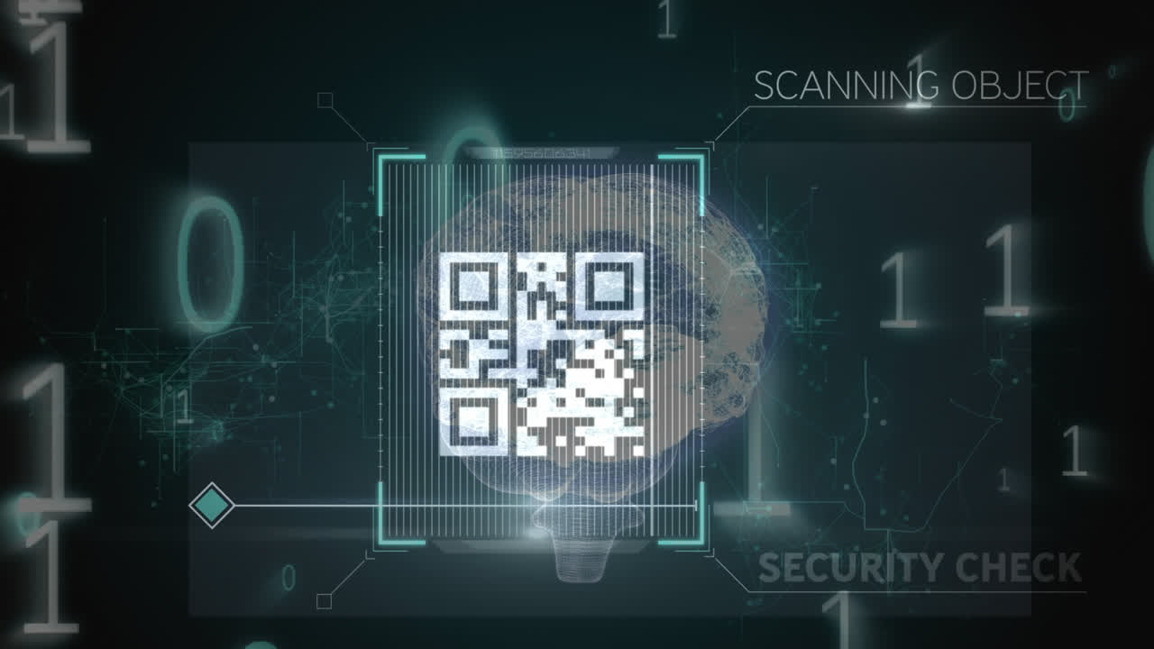 Animation of qr code over data processing and human brain