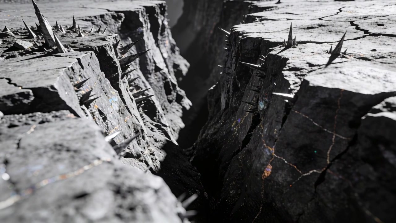 Panning camera starting moving toward deep chasm on cracked plateau, revealing spikes and ember