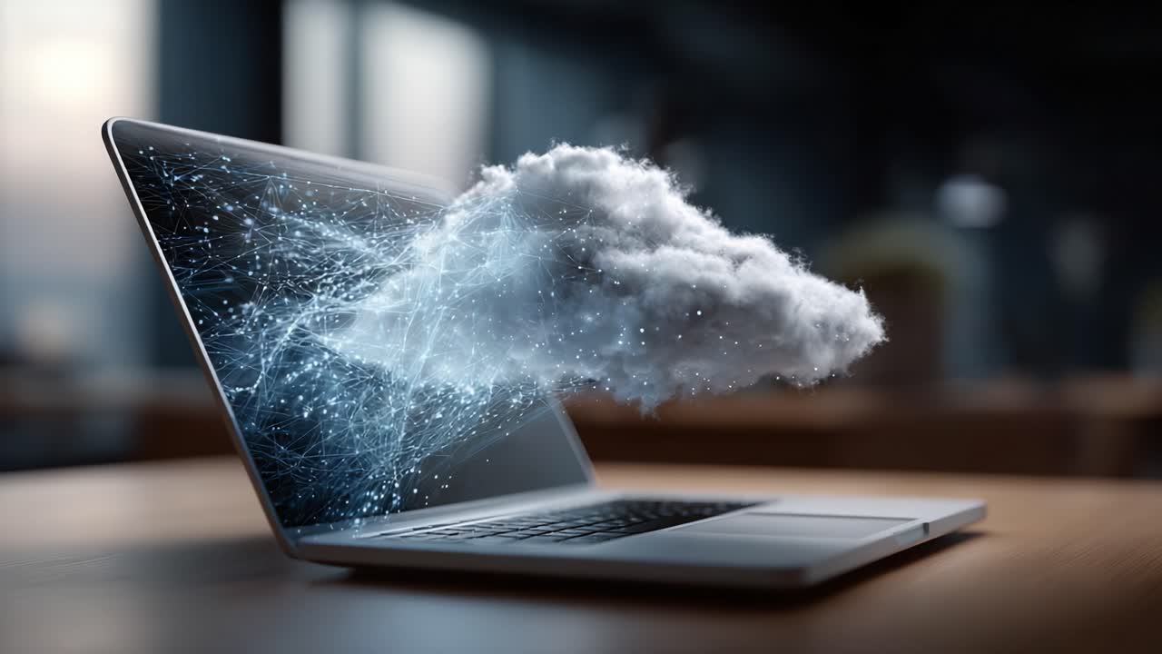 A Stunning Visualization of Cloud Technology Emerging from a Modern Laptop, Illustrating the Fusion of Digital Innovation and Connectivity in a Contemporary Workspace