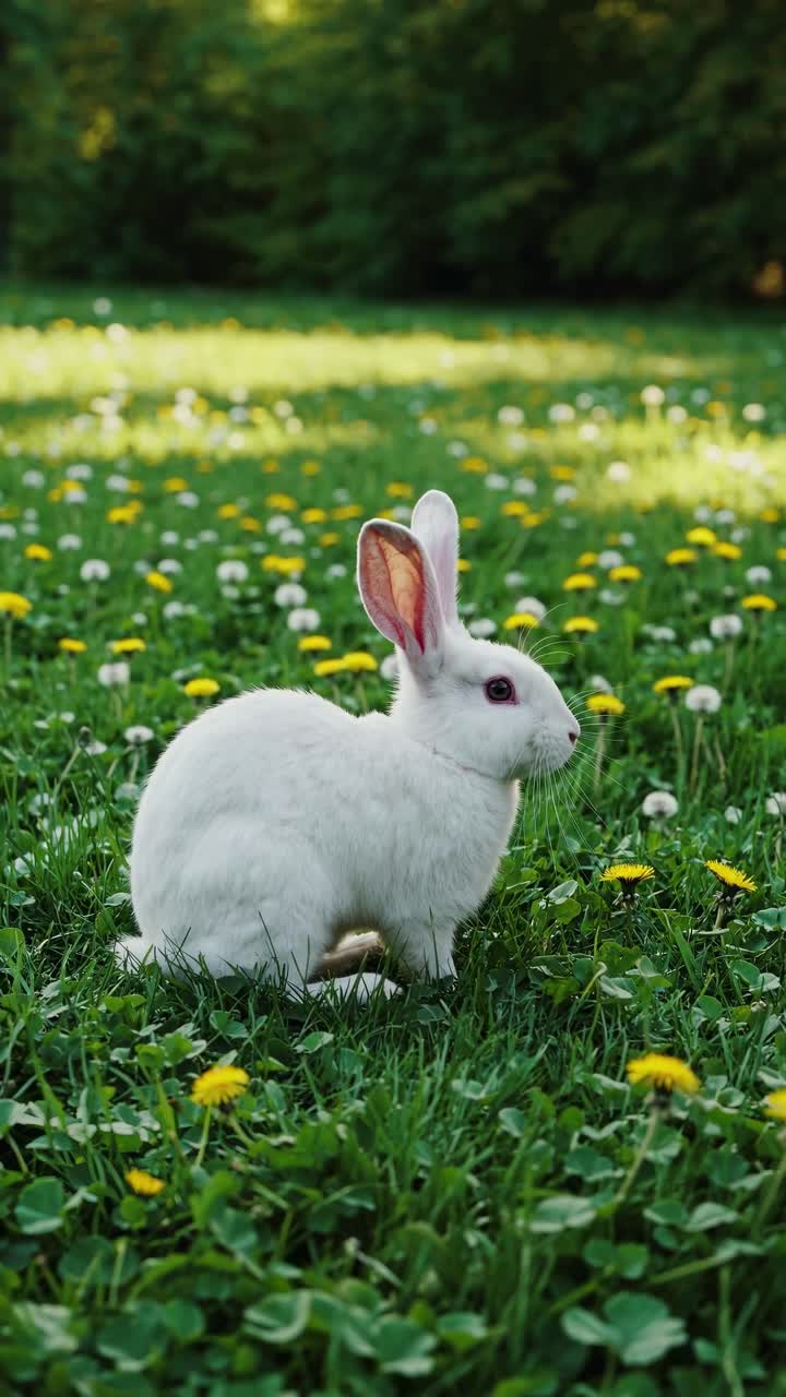 A white rabbit sits in a meadow of dandelions, captured from a low-angle