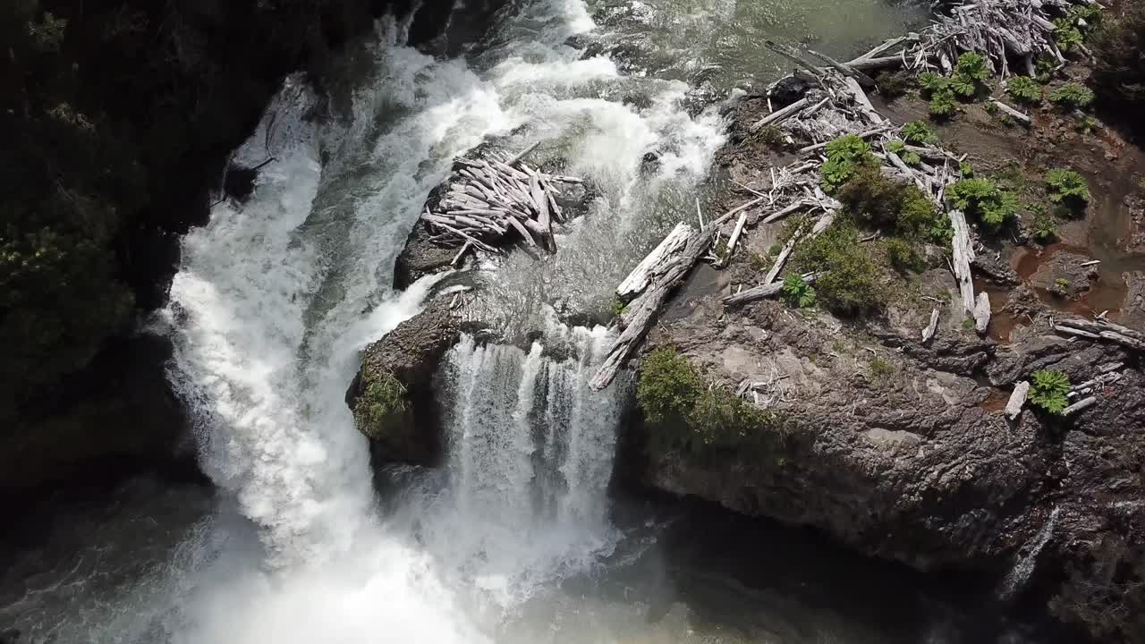 Aerial View of Fresh Alpine Waterfall. Pristine Nature of Chilean Patagonia