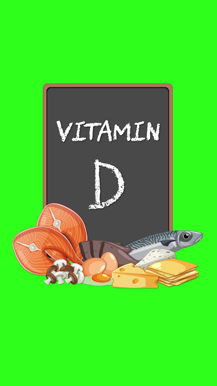 Lavagna animata con testo "vitamina D" circondata da fonti alimentari sane che appaiono su sfondo verde.