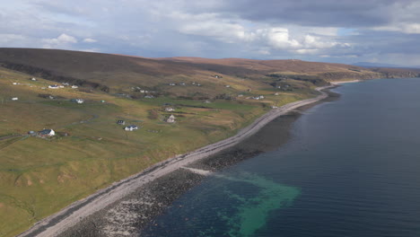 Panorama-of-Melvaig-township-coastline,-Scotland.-Aerial