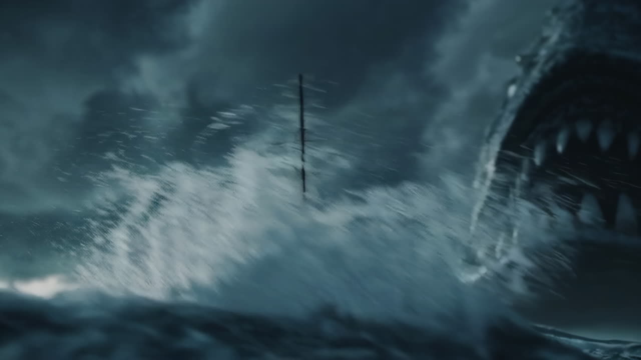 A small sailing ship in a storm facing a giant sea monster.