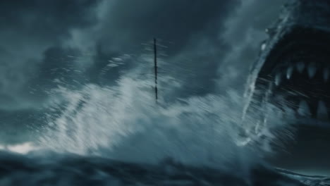 a small sailing ship in a storm facing a giant sea monster.