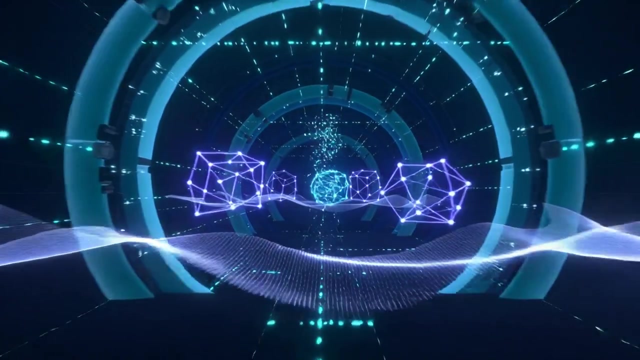Moving cam through VR tunnel showing widening particles and purple mesh rising, drawing viewer in