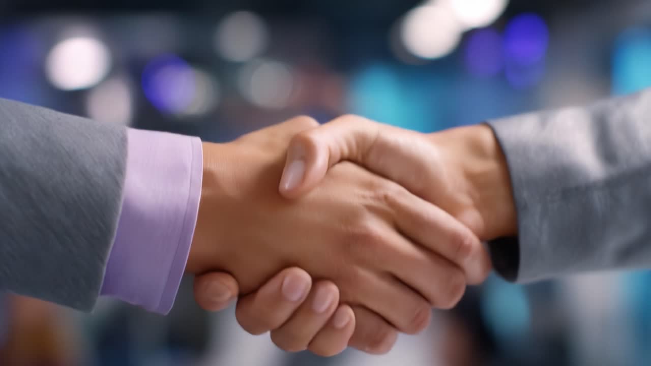 Handshake Between Two Individuals Signifying Agreement, Collaboration, or Partnership in a Professional Business Environment with Blurred Background