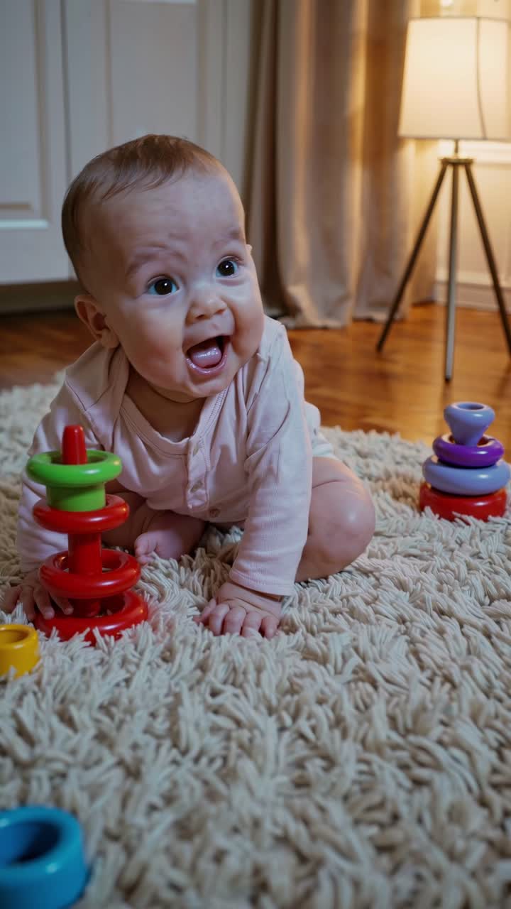 A video still of a baby sitting on a rug, playing with colorful stacking rings