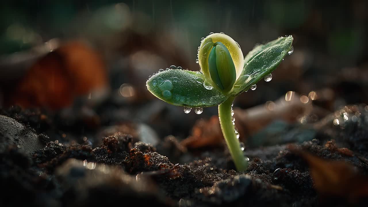 El Viaje de una Plántula: Sé Testigo de la Transformación de la Naturaleza mientras un Fresco Brote Verde Emerge del Suelo Rico, Brillando con Gotas de Lluvia a la Luz del Amanecer