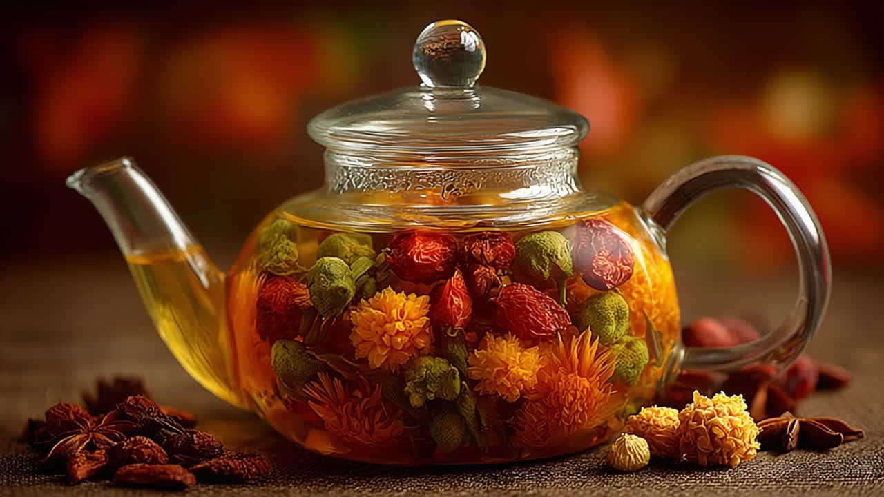 Una bellissima teiera di vetro riempita con un'infusione di tisana colorata, che mostra fiori vivaci e ingredienti naturali per un'esperienza di bevanda rilassante.