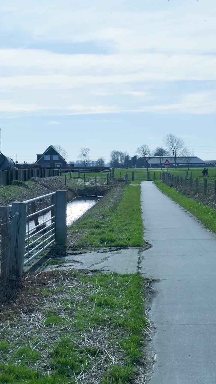 Rural Landscape with Canal, Path, and Distant Walkers on a Sunny Day