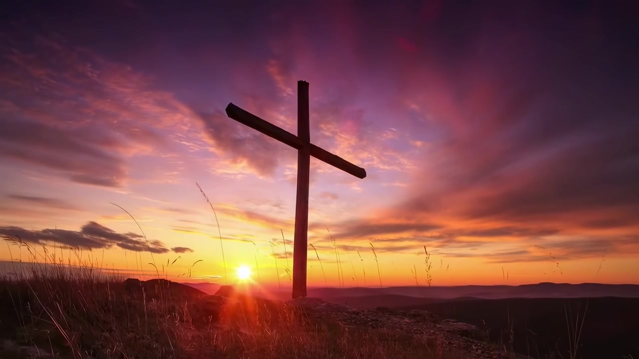 Croce di legno su una collina al tramonto