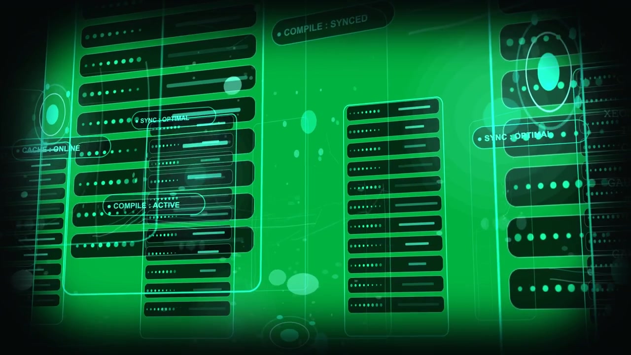 Holographic HUD panels sliding, lines lighting after right node glowing, syncing on transparent bg