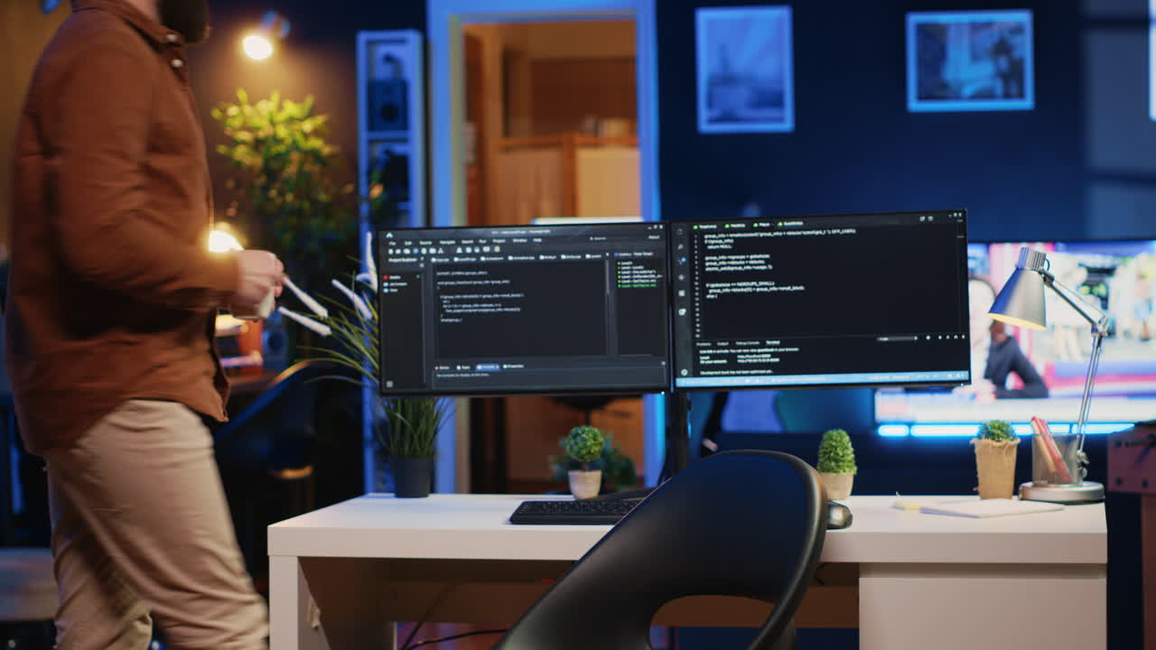 IT specialist begins teleworking job shift, holding cup of tea