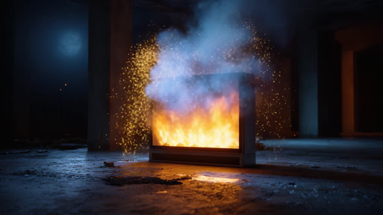 Uno spettacolo ipnotizzante di fiamme e scintille mentre un televisore brucia in uno spazio buio e abbandonato, creando un'immagine accattivante di distruzione e luce.