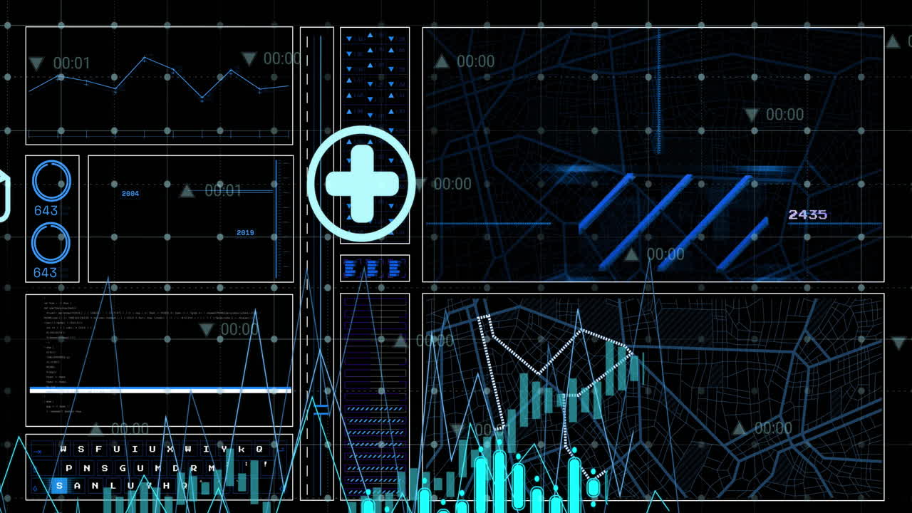 Animation of digital icons over interface with data processing against black background