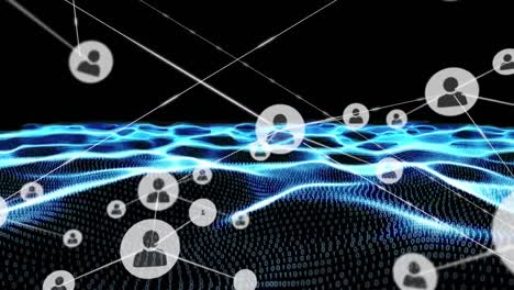 animation of networks of connections with digital icons over binary coding