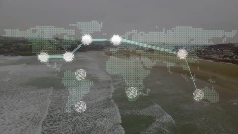 Network of connections and data processing animation over coastal landscape