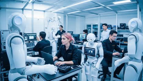 A Collaborative Workspace Showcasing Human-Robot Interaction, Highlighting Advanced Robotics and AI Technology in a Modern High-Tech Environment