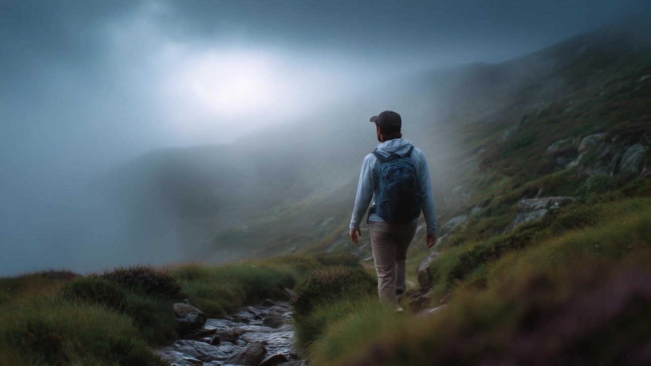 A solitary hiker navigates through a misty landscape, surrounded by lush greenery and rocky paths, evoking a sense of exploration in a breathtaking natural setting.