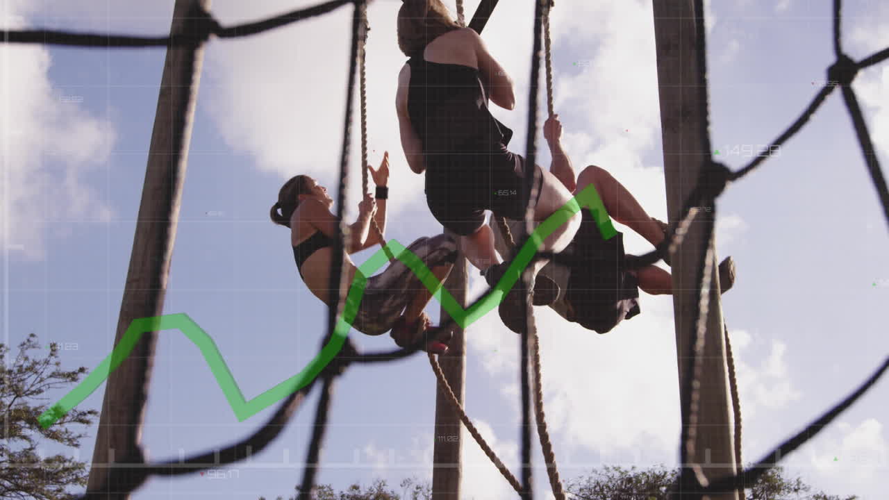 Climbing ropes, people with financial data graph overlaying animation in background