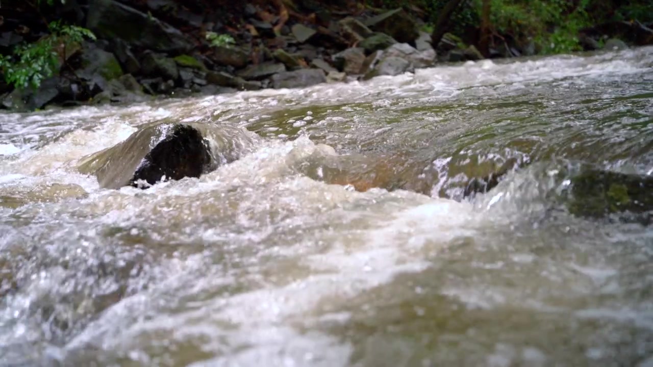 Acqua che schizza sulle rocce in un torrente in piena in una giornata piovosa.
