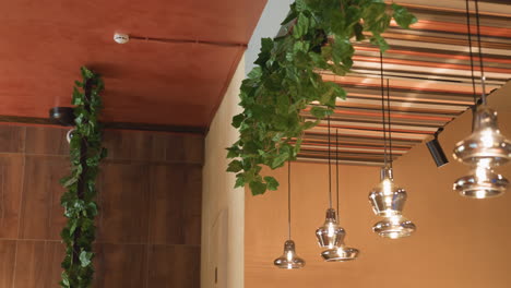 elegant view of modern bar ceiling featuring hanging glass pendant lights and lush green ivy plants suspended above striped paneling, creating warm stylish ambiance with natural elements