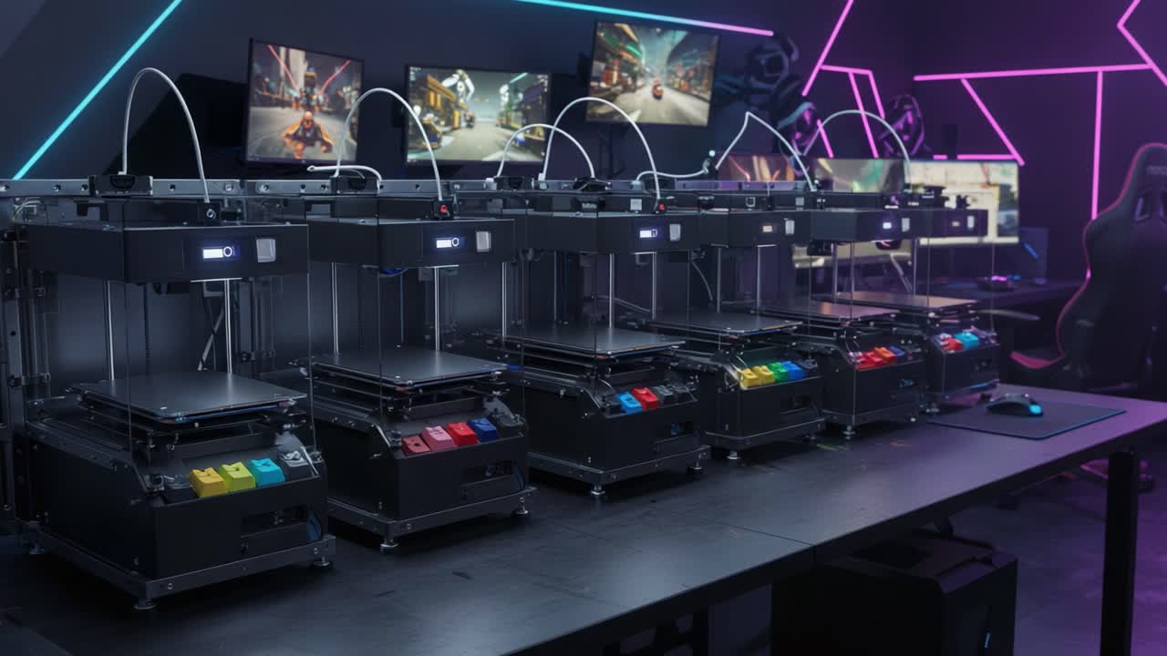 Advanced 3D Printing Setup Featuring Multiple Printers in a Modern Tech Environment with Neon Accents and High-Resolution Displays