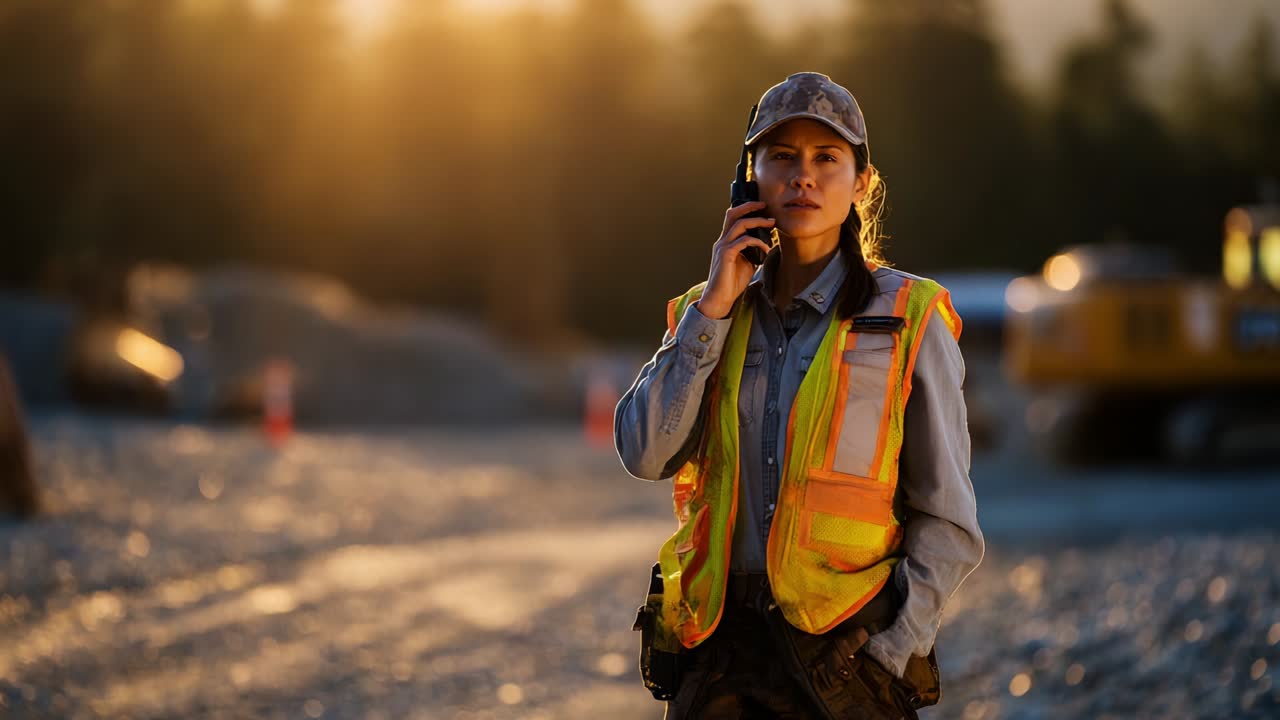 A confident female construction worker stands in a sunlit environment, communicating via radio while dressed in a high-visibility vest, showcasing her commitment to safety and professionalism on site