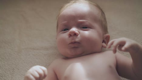 gracioso niño con mejillas y grandes ojos azules se encuentra en la mesa