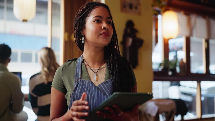 A waitress holding a tablet in a cafe