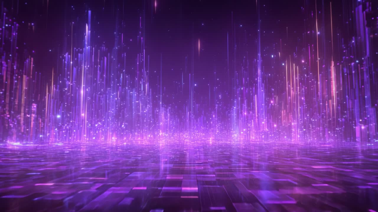 Futuristic digital landscape featuring glowing purple and pink vertical lines resembling a city skyline or a sound wave equalizer, with shimmering particles floating over a reflective surface
