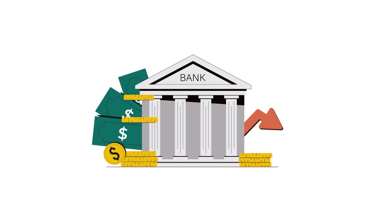 Animiertes Bankgebäude mit Geld und Finanzwachstumspfeil