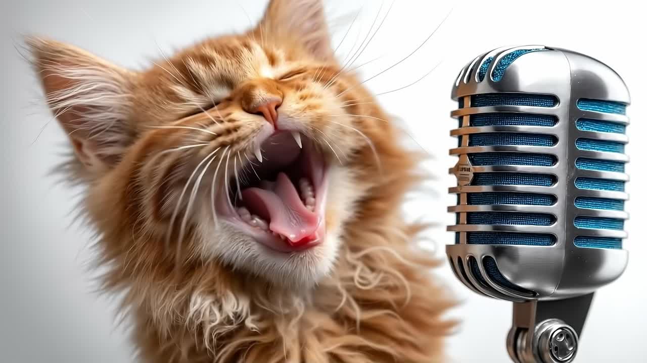 A cat yawning in front of a microphone