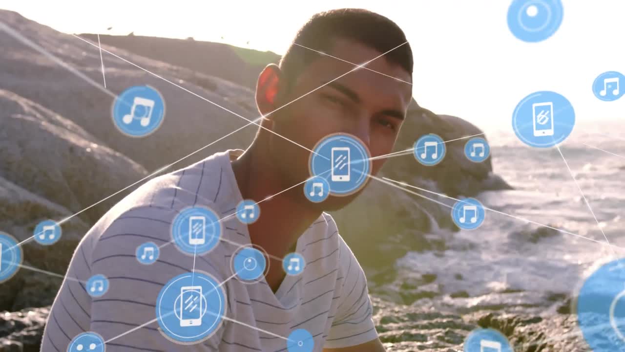 animación de la red de conexiones sobre el hombre feliz en la playa