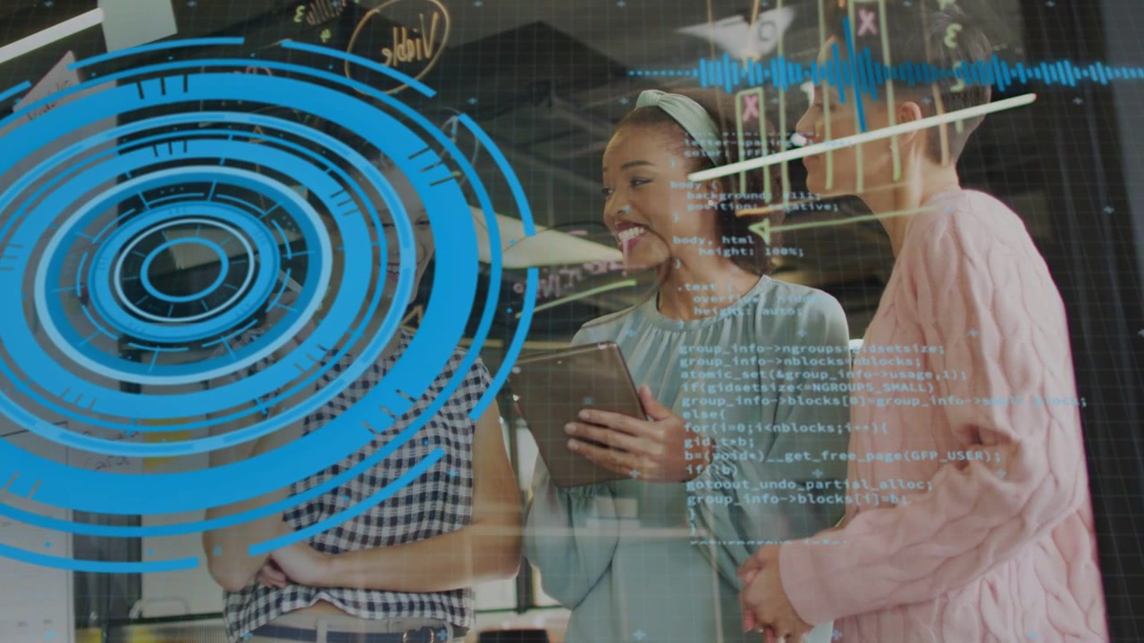 Center presenter tapping tablet, activating blue HUD and code on glass, demonstrating tech visuals