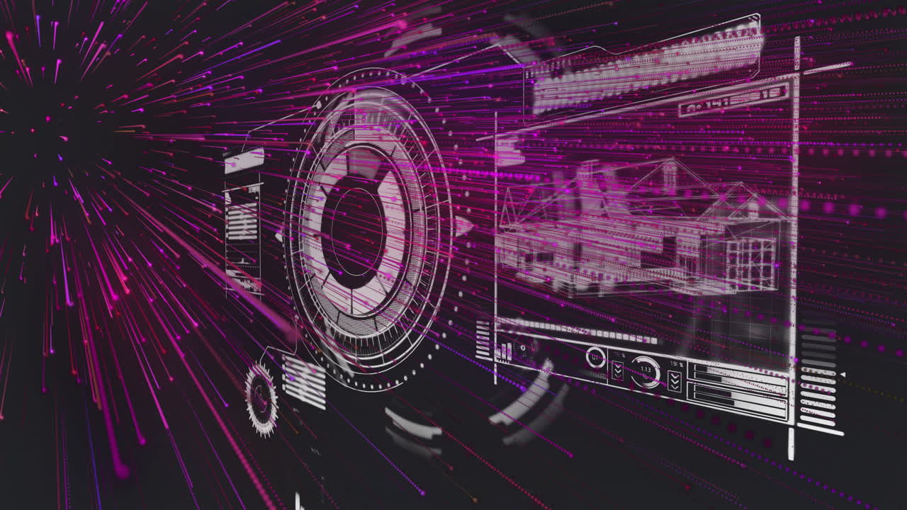 Circular HUD interface glowing in dark 3D render sending violet magenta streaks over wireframe plan
