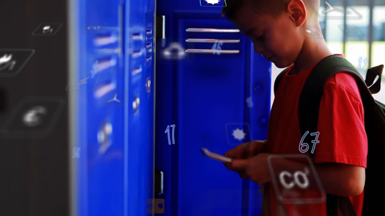 Male student tapping phone at school blue lockers and activating floating icons and number tags