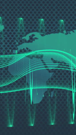 animación del procesamiento de datos y mapa del mundo sobre fondo verde