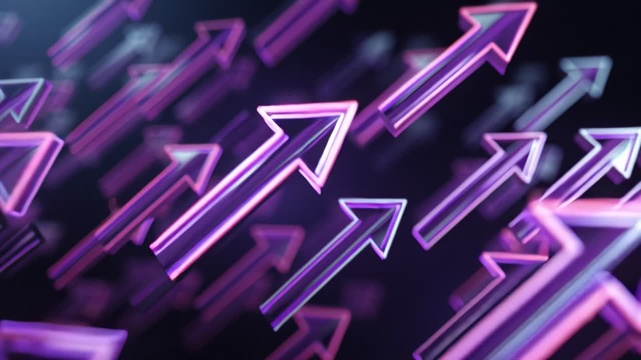 Contenuti visivi dinamici e coinvolgenti con frecce astratte viola che mostrano movimento e progressione in uno spazio digitale moderno, evidenziando i temi di direzione, crescita e innovazione in un'estetica futuristica