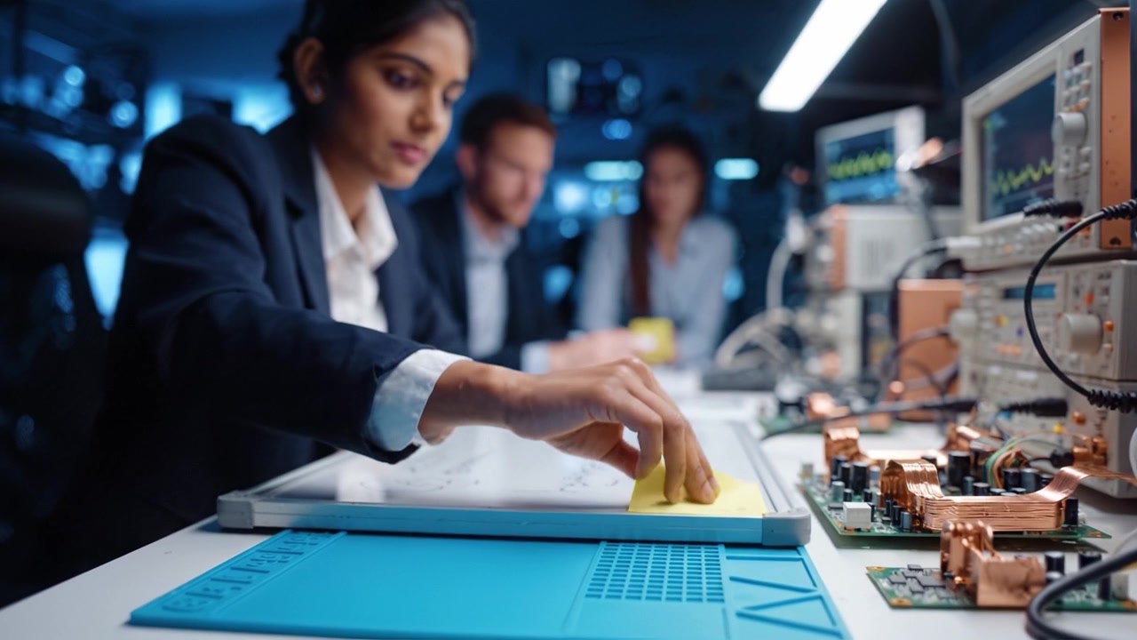 A group of professionals collaborates in a modern lab setting, conducting experiments and discussing findings, surrounded by advanced technology and equipment.
