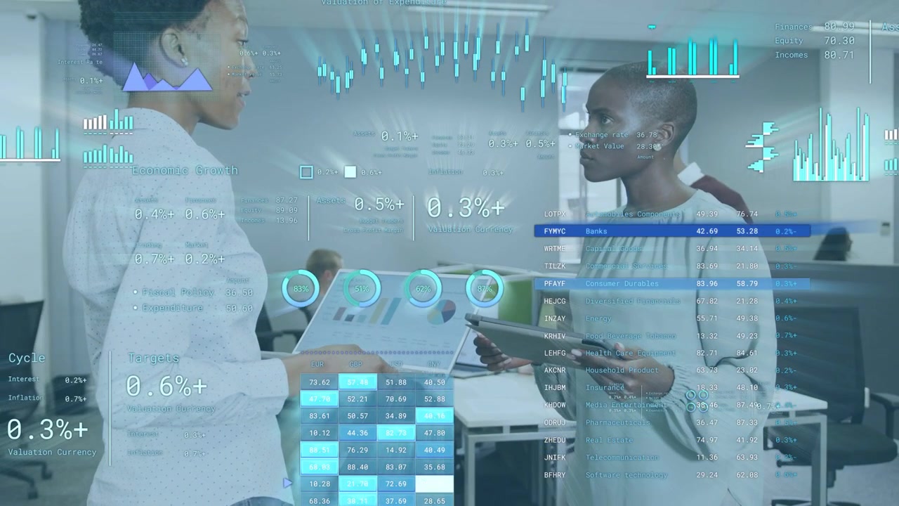 Left woman showing laptop and tapping gauge, initiating business review metrics with HUD overlay