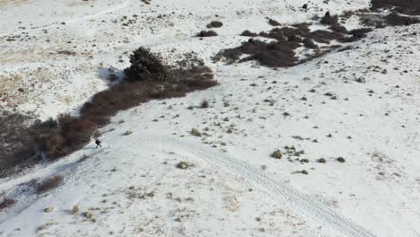 vista aérea de la persona que camina en la ruta de senderismo de invierno en el valle de la cordillera rocosa, disparo de drones
