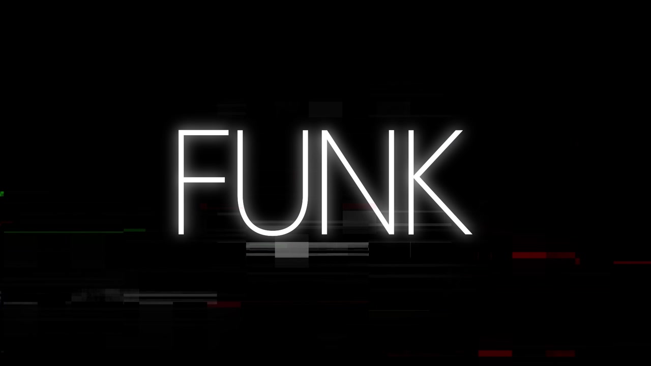 Animation of funk text in white over data processing and interference on black background