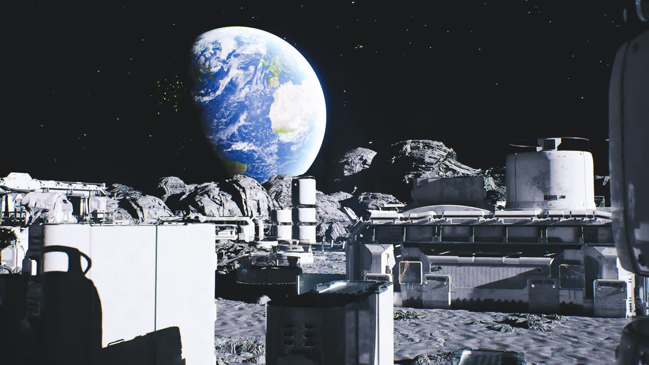 Space manufacturing site featuring robotic assembly and cargo handling equipment