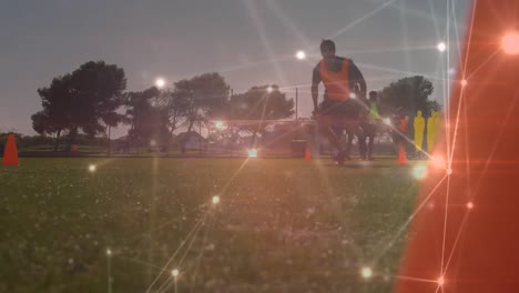 animación de la red de conexiones sobre jugadores de fútbol que practican en el campo de fútbol