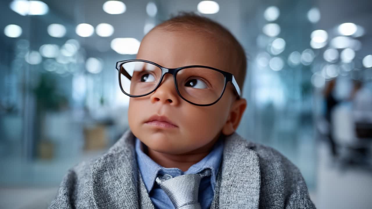 Un neonato carino con gli occhiali passa da assonnato ad attento, catturando l'essenza dell'innocenza in un moderno ambiente d'ufficio