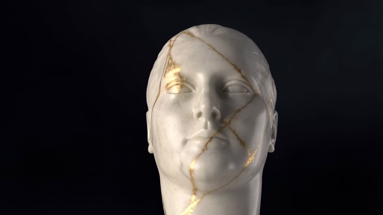 Kintsugi-style head sculpture with gold cracks on a dark background